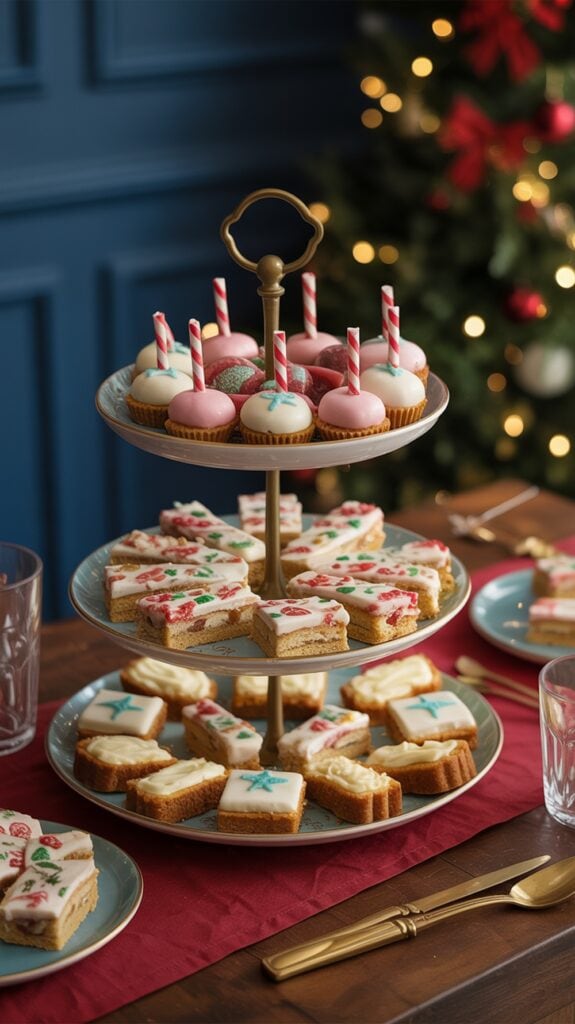 A three-tiered serving tray displaying various festive desserts including cupcakes with striped straws, and assorted decorated cookies. The tray is set on a wooden table with a red cloth, with glimpses of glassware and a holiday-themed background including a Christmas tree.