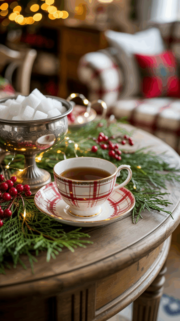 A festive scene on a wooden table featuring a cup of tea in a red and white checkered teacup with a matching saucer, surrounded by greenery and red berries, a bowl of sugar cubes in a silver dish, and warm blurred lights in the background.