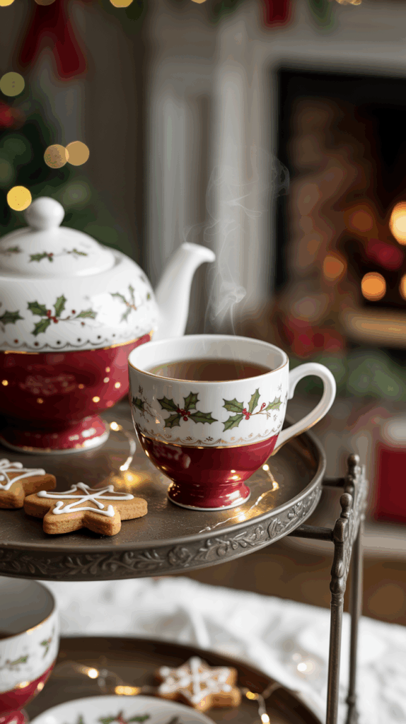 A holiday-themed teapot and teacup set featuring holly decorations, placed on a metal stand next to star-shaped gingerbread cookies, with a blurred Christmas tree and fireplace in the background.