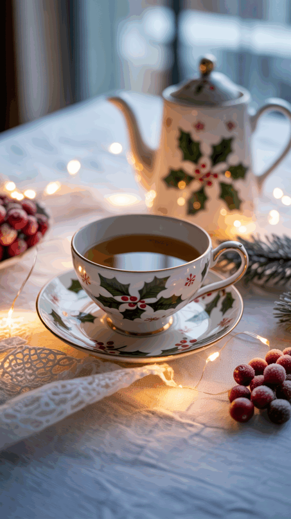 A festive tea set with holly decoration featuring a cup filled with tea on a saucer and a teapot in the background, surrounded by fairy lights and red berries on a white tablecloth.