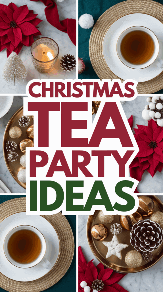 Collage image with text "Christmas Tea Party Ideas" surrounded by festive decorations including a tea cup on a textured mat, a burning candle next to pine cones and a small holiday tree, red poinsettias, and a tray with gold ornaments and pine cones.