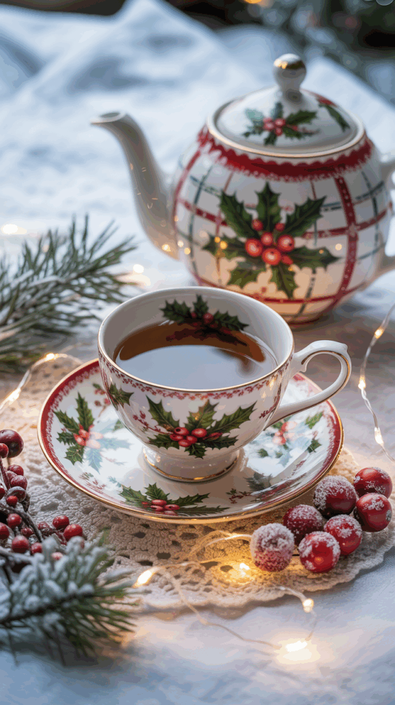 A festive teacup and saucer decorated with holly, filled with tea, next to a matching teapot. Surrounding the set are frosted cranberries, pine branches, and a lace doily, with soft fairy lights adding a warm glow.