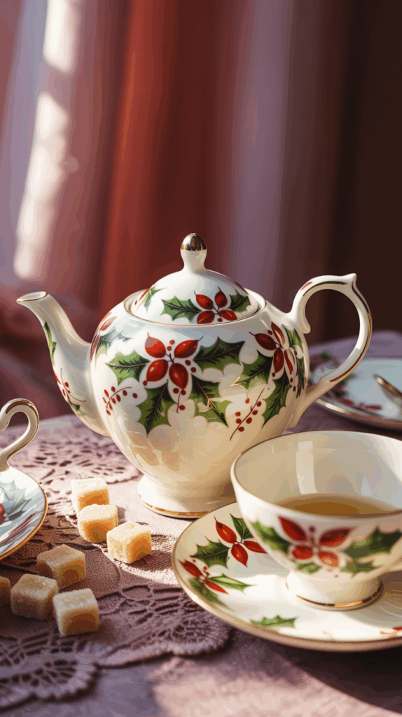 A festive teapot and teacup set with a holly and berry pattern, placed on a lace-covered table with a few sugar cubes nearby.