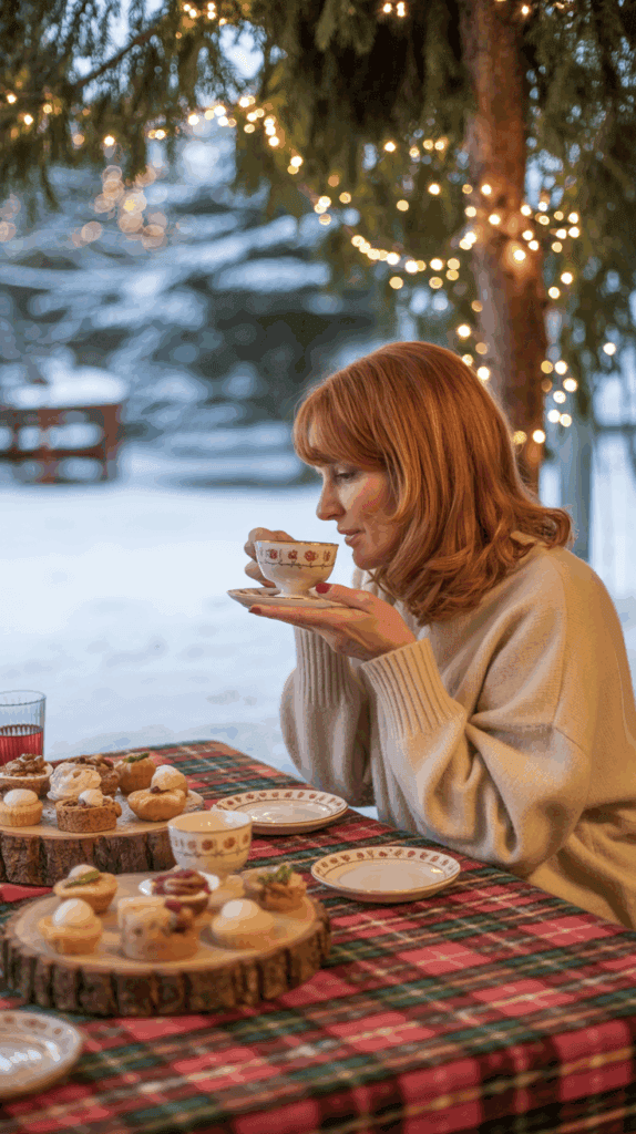 A woman with red hair enjoys a cup of tea at an outdoor table decorated with a checkered red and green tablecloth, next to a selection of pastries. Twinkling lights are strung around a tree in the background, with snow visible on the ground.