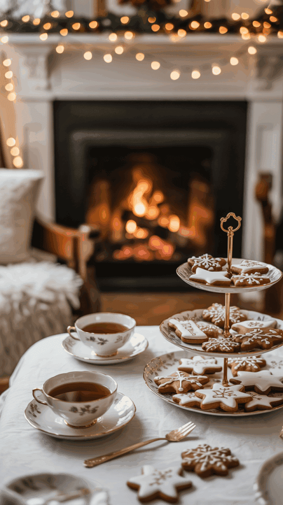 A cozy living room setting with a fireplace in the background, adorned with string lights. In the foreground, a table holds a tiered stand of snowflake and star-shaped cookies with frosting, along with two ornate teacups filled with tea and a gold fork on a white tablecloth.