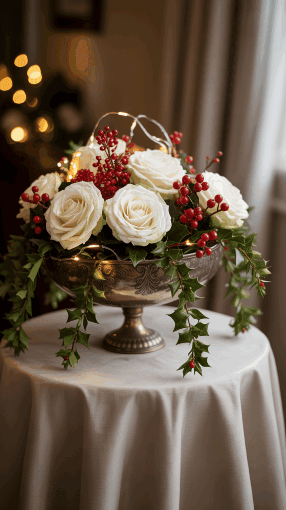 A decorative centerpiece on a table featuring white roses, red berries, and lush green foliage in an ornate silver bowl, with string lights adding a warm glow.