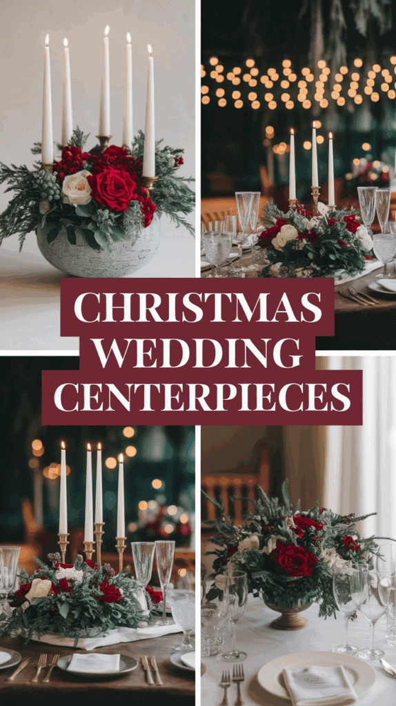 A collage of Christmas wedding centerpieces featuring arrangements with red and white flowers, greenery, and white taper candles on dining tables.