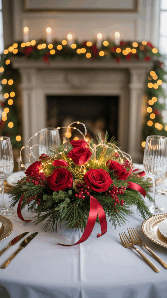 A festive table centerpiece featuring red roses, pine branches, and red berries, adorned with a red ribbon and string lights, set on a white tablecloth. Background includes a softly lit fireplace with candles and garlands.