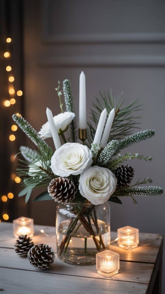 A holiday floral arrangement featuring white roses, pine branches, and frosted pine cones in a clear vase. Tall white candles rise from the arrangement, and the scene is surrounded by small, lit candle holders on a wooden surface with soft, glowing fairy lights in the background.