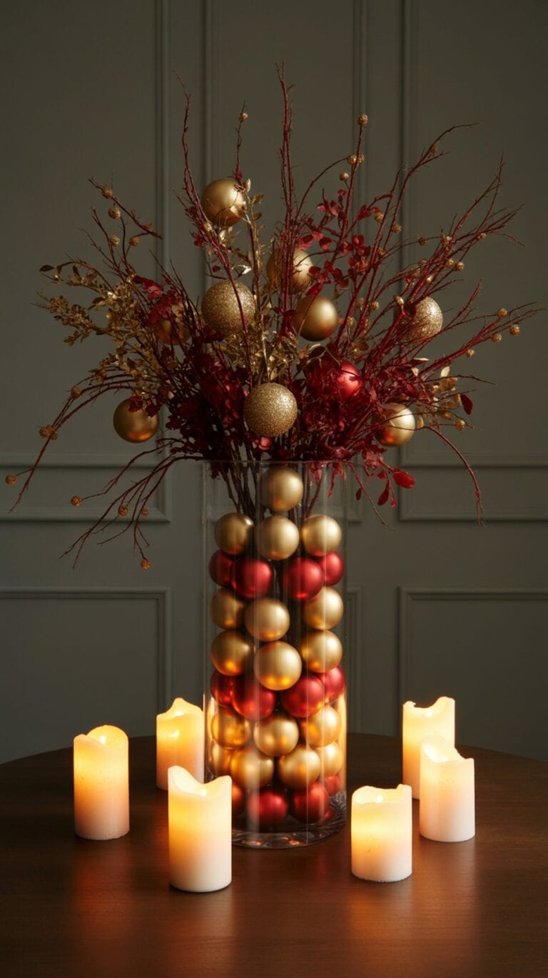 A festive centerpiece on a wooden table featuring a tall clear vase filled with gold and red Christmas ornaments, topped with gold and red decorative branches. The arrangement is surrounded by a circle of lit candles, emitting a warm glow.