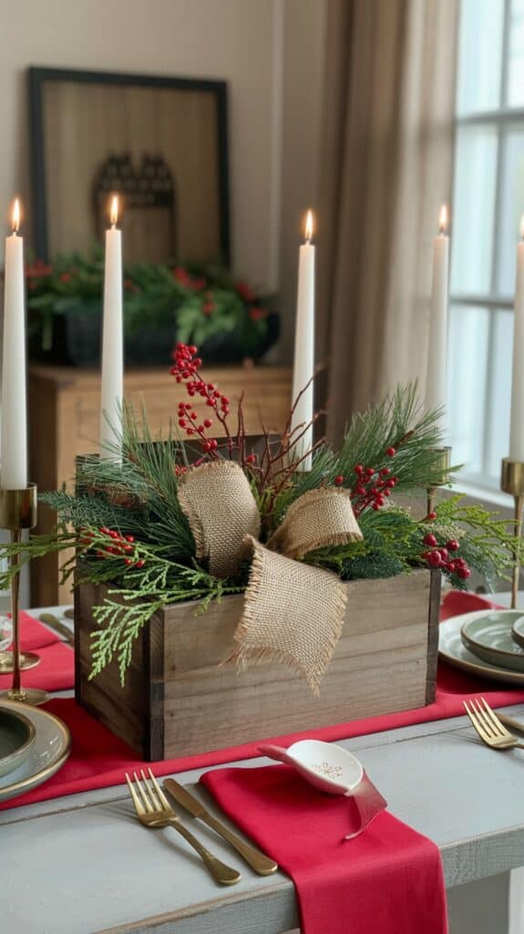A holiday table setting featuring a wooden box centerpiece filled with pine branches, red berries, and a burlap ribbon, surrounded by lit white taper candles and red table runners.