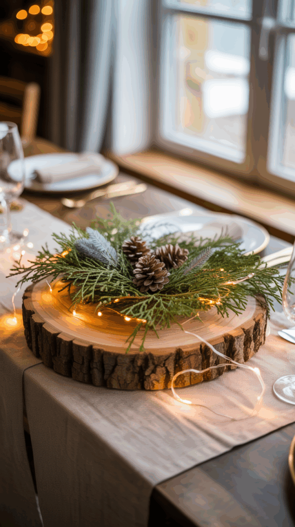 A rustic table centerpiece featuring a wooden slice adorned with evergreen branches, pinecones, and string lights, placed on a table with a beige runner, set near a window with natural light.