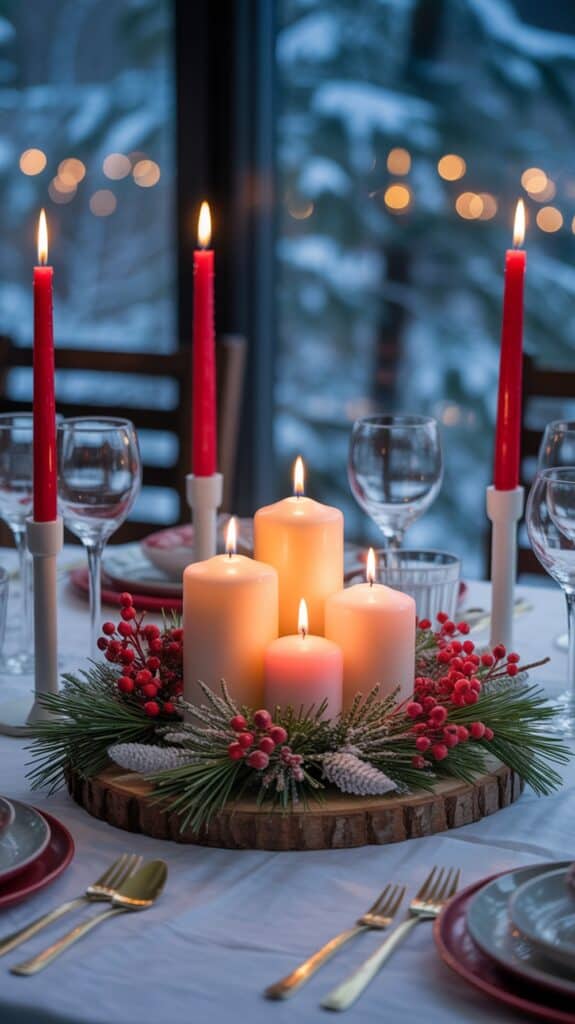 A festive dining table setting featuring a centerpiece with lit red and white candles, pine branches, and red berries on a wooden base. The table is elegantly set with glassware, plates, and silverware, against a backdrop of a snowy window scene with warm lights.