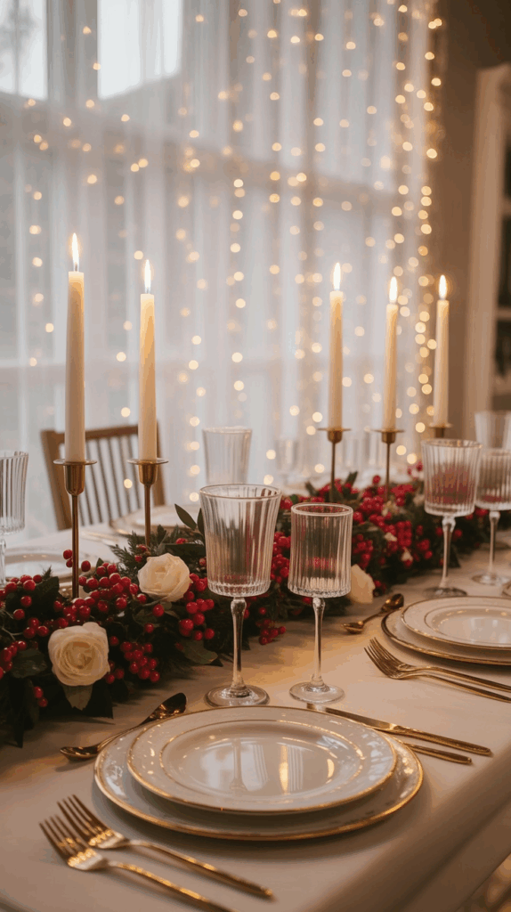 A festive dining table set with tall lit candles, elegant glassware, and a garland of red berries and white roses, against a backdrop of twinkling lights.