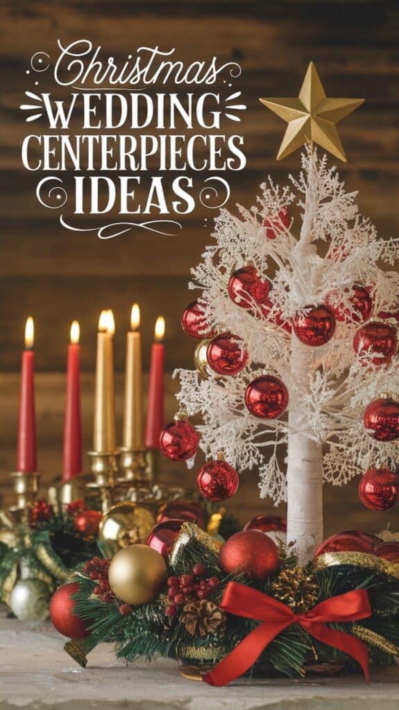 A Christmas-themed wedding centerpiece featuring a small white tree adorned with red ornaments and a gold star on top, surrounded by red and gold decorations and candles.