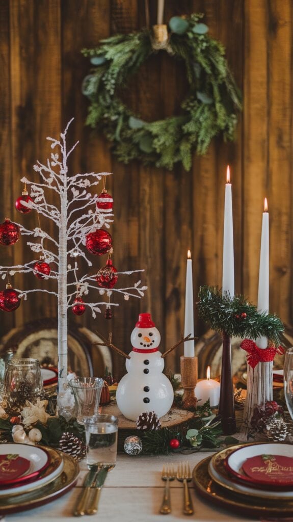 Festive Christmas table setting featuring a white snowman figurine, a small tree with red ornaments, candles, and a decorative wreath on a wooden background.