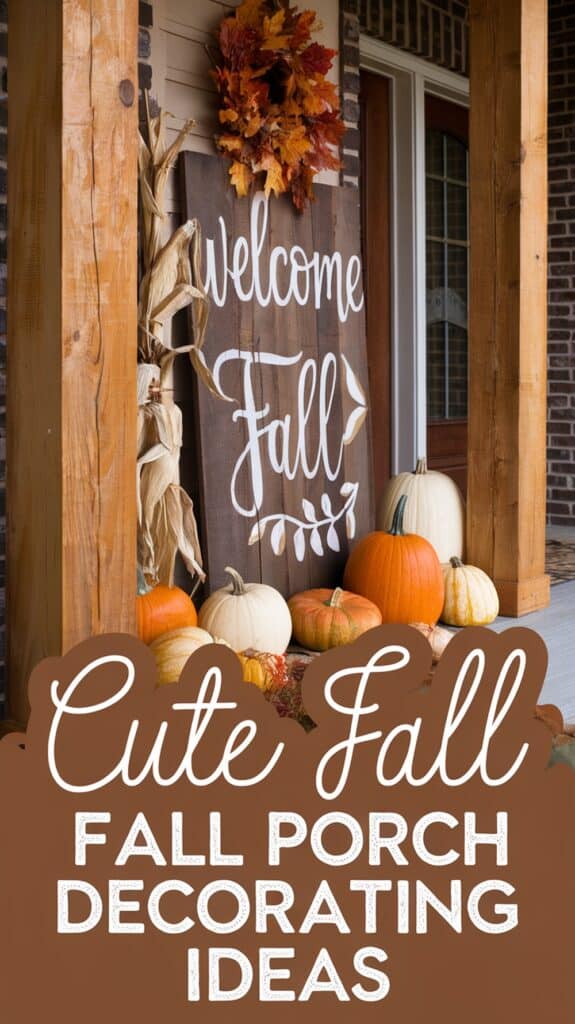 A fall-themed porch decorated with a wooden "Welcome Fall" sign, a wreath made of autumn leaves, and various pumpkins in orange and white. Text overlay reads "Cute Fall, Fall Porch Decorating Ideas."