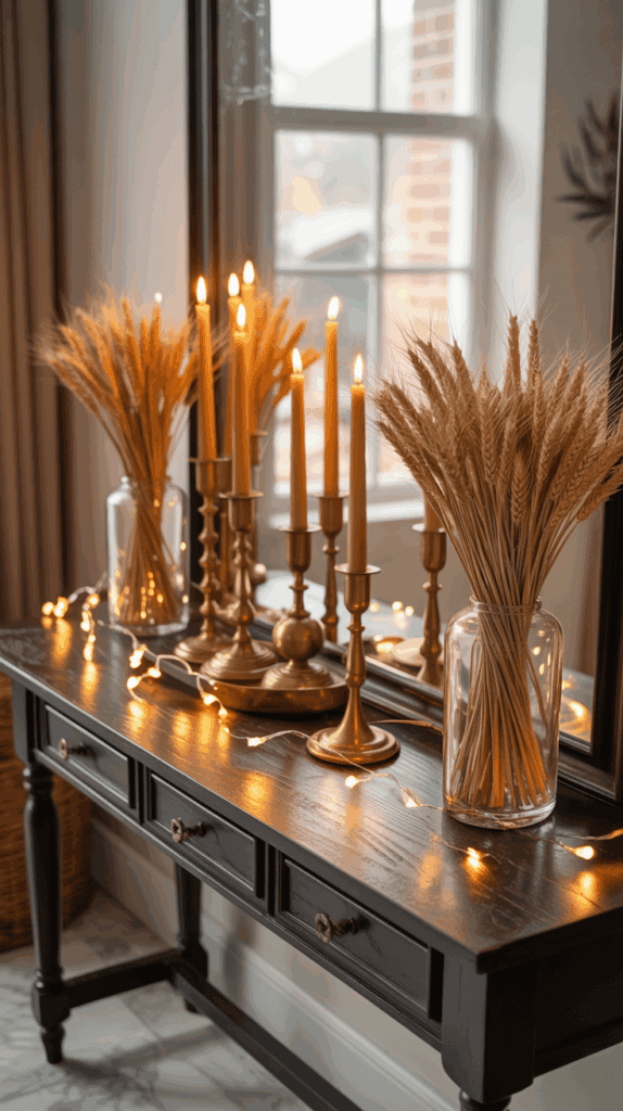 A dark wooden table decorated with tall, lit gold candlesticks and glass jars filled with wheat stalks. The table is adorned with string lights, and a large mirror behind reflects the warm glow. The setup is near a window with a blurred outdoor view.