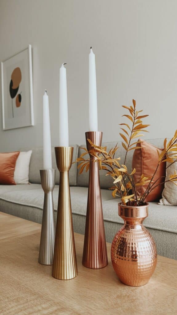 A set of three metallic candle holders and a hammered copper vase with decorative leaves on a wooden table, with a sofa, cushions, and framed artwork in the background.