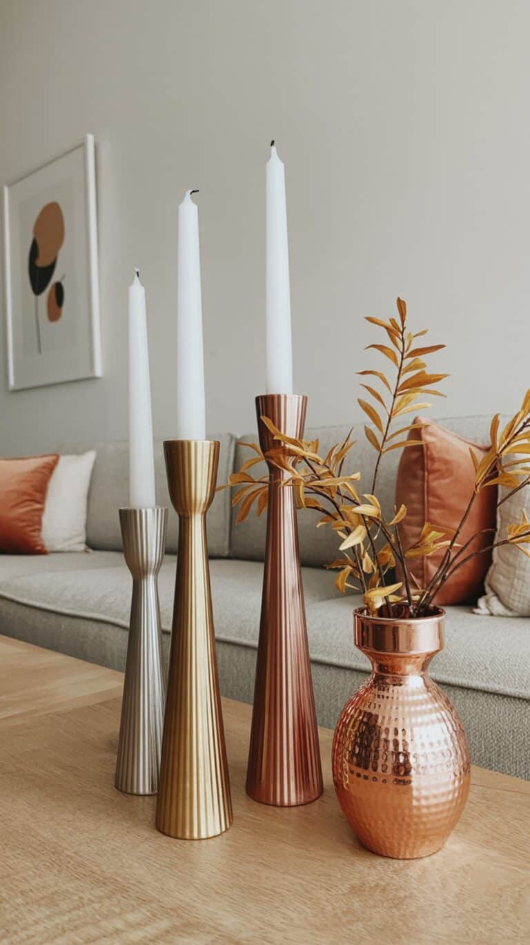 A set of three metallic candle holders and a hammered copper vase with decorative leaves on a wooden table, with a sofa, cushions, and framed artwork in the background.