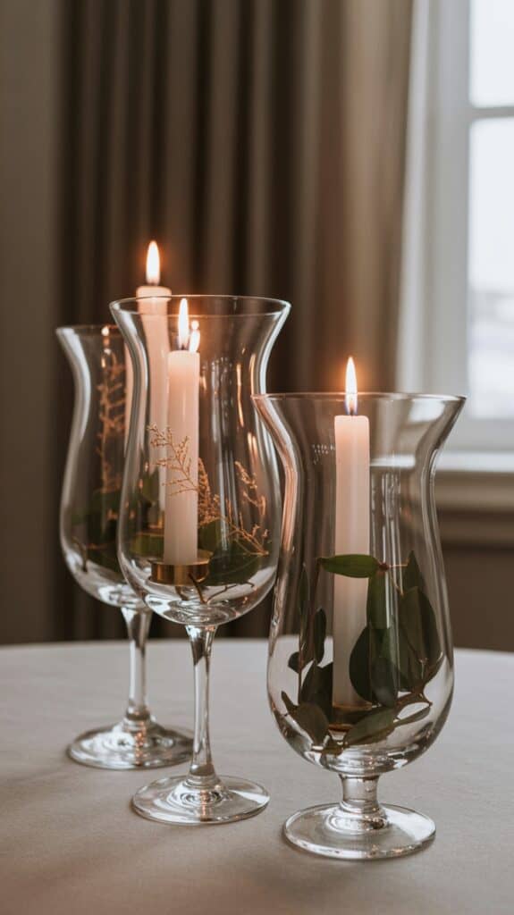 Three lit candles in tall glass holders on a table, decorated with green leaves and delicate twigs, with a soft, elegant background.