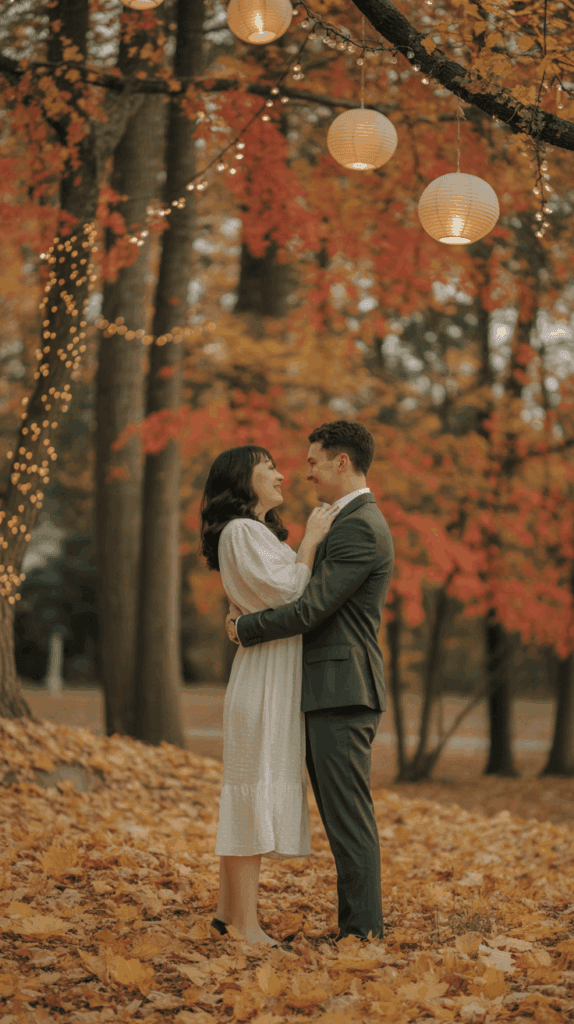 A couple embracing in a forest with autumn leaves on the ground and trees with orange and yellow foliage. They are surrounded by string lights and hanging paper lanterns, creating a warm, romantic atmosphere. The woman is wearing a white dress and the man is in a green suit.