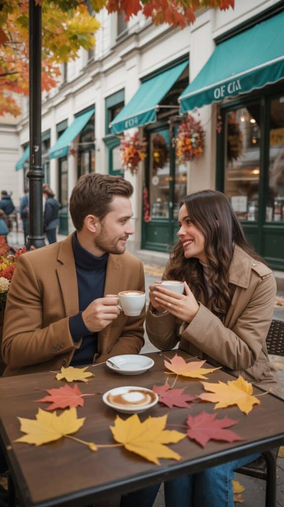 A couple in autumn attire enjoys coffee at an outdoor café table, surrounded by colorful fall leaves, with a decorated shopfront in the background.