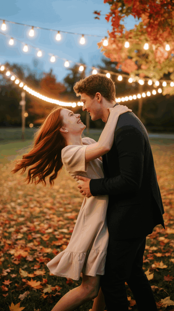 A couple embracing and smiling at each other under string lights in an outdoor setting with fallen autumn leaves, during twilight.