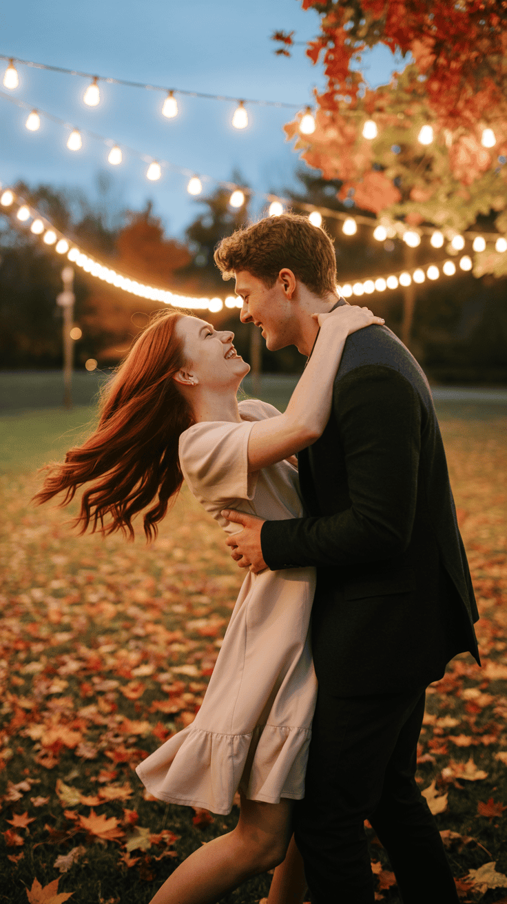 A couple embracing and smiling at each other under string lights in an outdoor setting with fallen autumn leaves, during twilight.