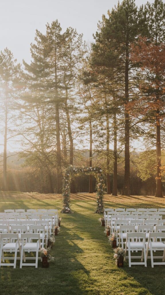 An outdoor wedding ceremony setup with rows of white chairs arranged on a grassy lawn, leading to a floral archway surrounded by tall trees and bathed in warm sunlight.