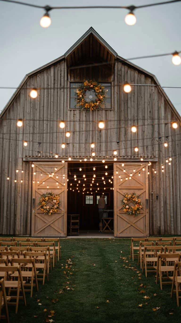 A rustic wooden barn decorated with vibrant yellow wreaths and strings of lights, set for an outdoor event with rows of empty wooden chairs on a grassy lawn.