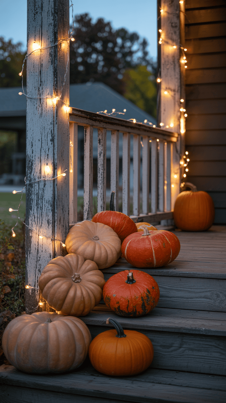 A collection of pumpkins arranged on a wooden porch illuminated by string lights, creating a cozy and festive autumn atmosphere.