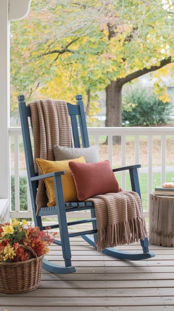 A blue rocking chair on a porch, draped with a beige blanket and adorned with grey, mustard, and rust-colored pillows. A basket filled with fall flowers sits beside the chair, and a lush green tree with yellow leaves is in the background.