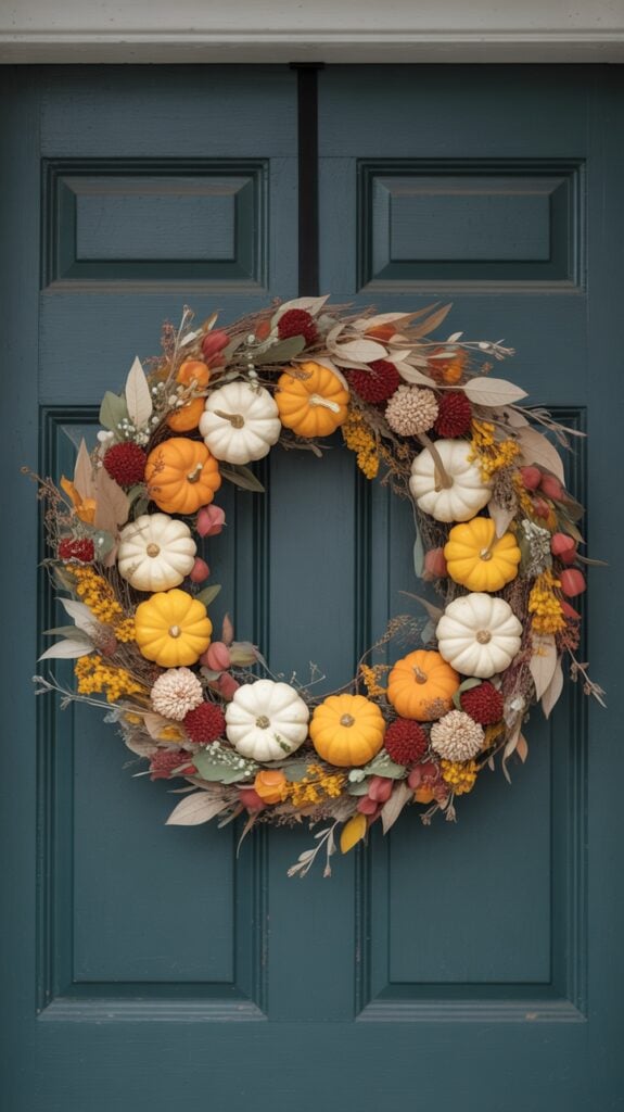 A fall wreath with small white and orange pumpkins, dried flowers, and leaves hanging on a dark teal front door.