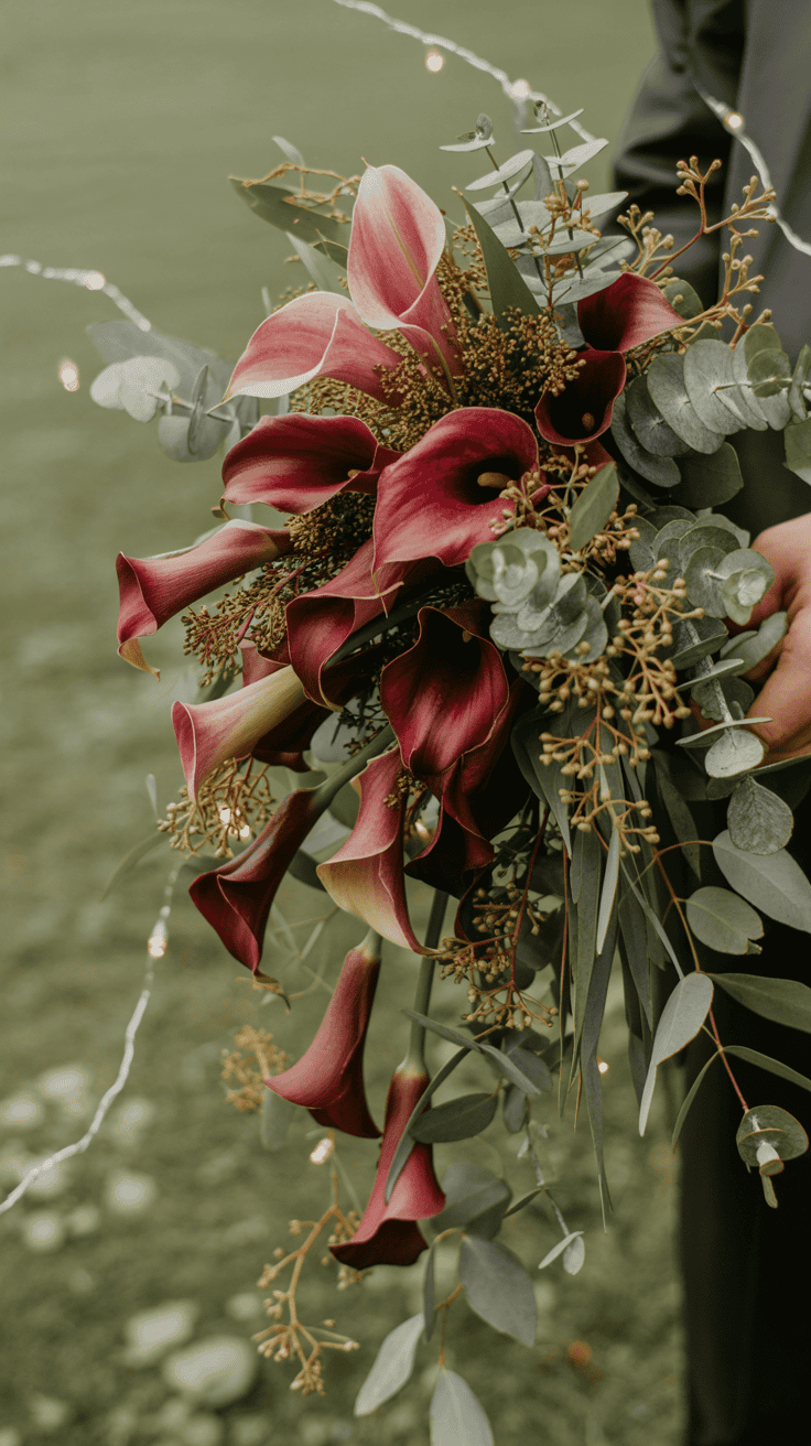A bouquet featuring dark red calla lilies, eucalyptus leaves, and small green sprigs, held by a person, with tiny string lights woven through the arrangement.