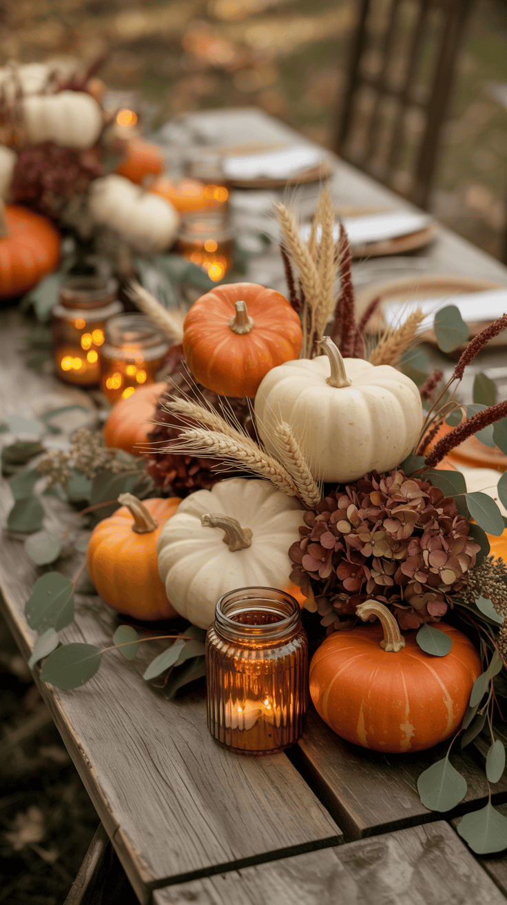 A rustic wooden table decorated with small orange and white pumpkins, dried wheat stalks, and dark red flowers. There are votive candles in glass holders adding a warm glow to the autumn-themed centerpiece.
