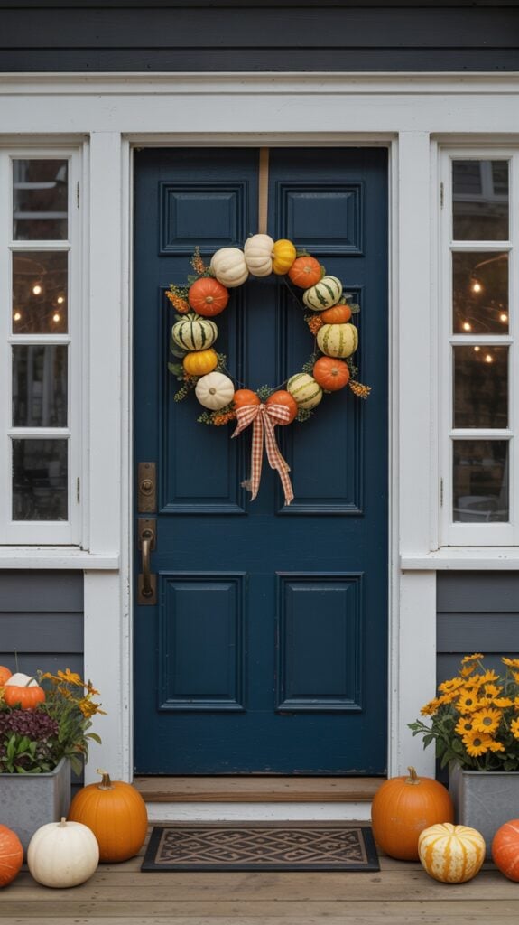 A dark blue front door adorned with a festive autumn wreath made of small pumpkins and gourds, accented with a gingham bow. The porch is decorated with potted orange flowers and a variety of pumpkins and gourds scattered around the doorstep.