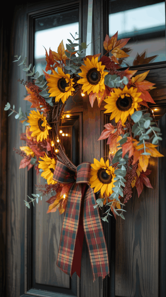 A decorative autumn wreath featuring bright yellow sunflowers and orange leaves, adorned with green foliage and a plaid bow, is hanging on a dark wooden door.