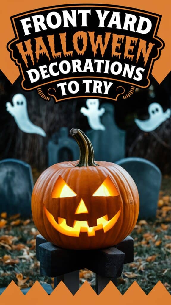 A glowing jack-o'-lantern sits on a post in a yard decorated with tombstones and cartoon ghost cutouts, with the text 'Front Yard Halloween Decorations to Try' above.