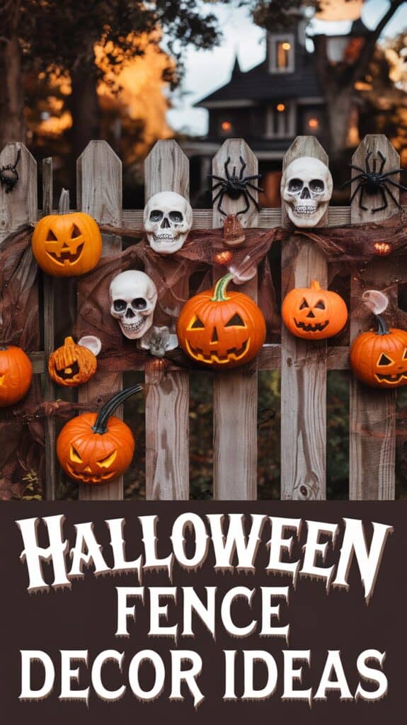 A wooden fence decorated for Halloween with pumpkins, skulls, and spider decorations, in front of a spooky house; text below reads "Halloween Fence Decor Ideas."