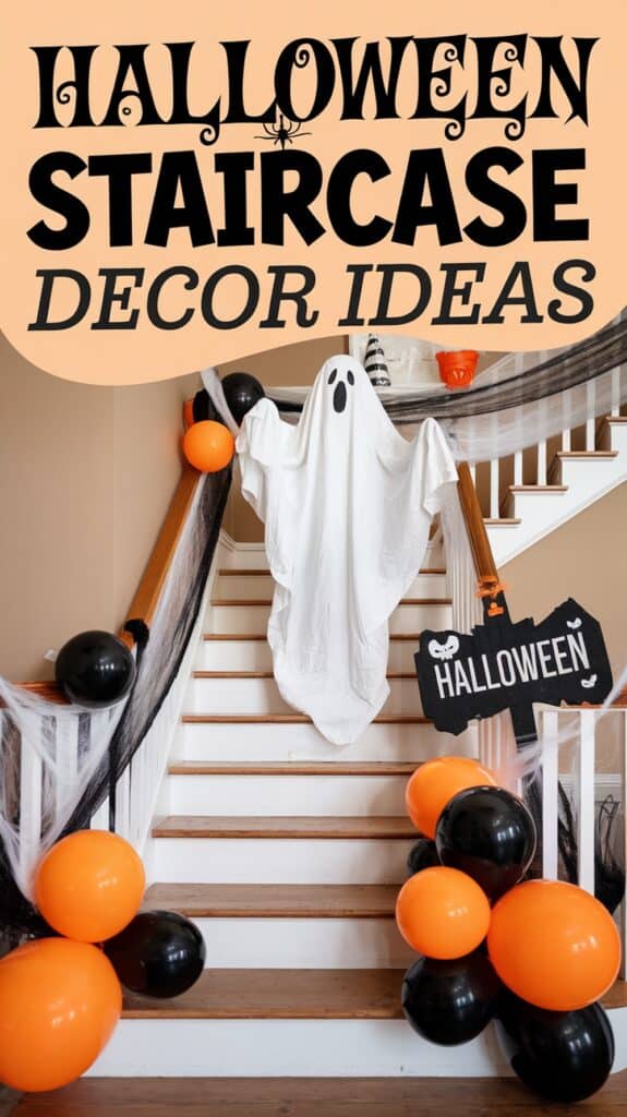 A staircase decorated for Halloween with a white sheet ghost in the center, black and orange balloons on the sides, black and white gauze draped along the banister, and a sign reading "HALLOWEEN" in bold letters. The top of the image includes text saying "HALLOWEEN STAIRCASE DECOR IDEAS."