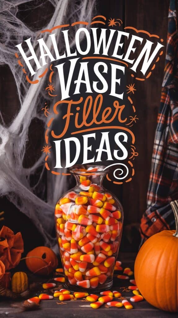 A Halloween-themed scene with a clear vase filled with candy corn on a table surrounded by pumpkins, decorative cobwebs, and wooden background. The words "Halloween Vase Filler Ideas" are prominently displayed above the vase in festive fonts.