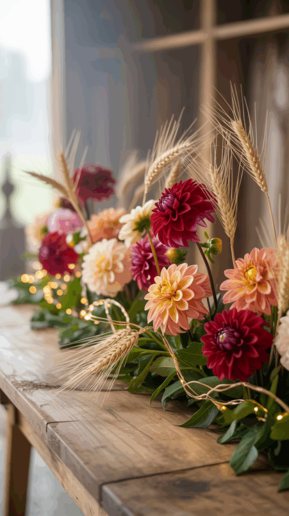 A vibrant floral arrangement featuring red and orange dahlias interspersed with stalks of wheat and small string lights on a wooden table.