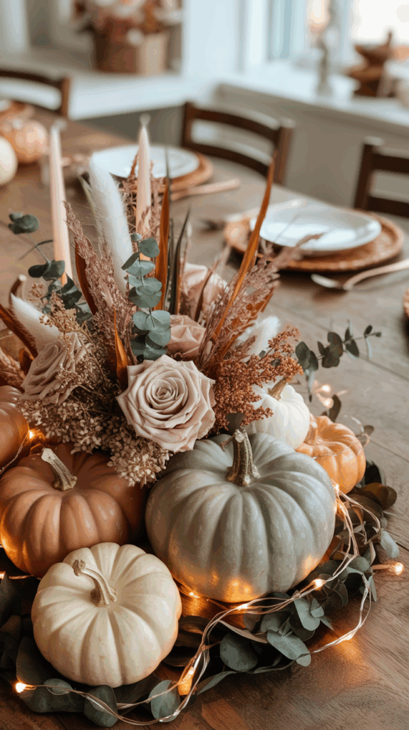 A fall-themed centerpiece on a dining table featuring a bouquet of dried flowers and eucalyptus in the middle, surrounded by pumpkins of various colors including orange, white, and muted green, adorned with string lights. The table is set with plates and wicker place mats, enhancing the autumnal decor.