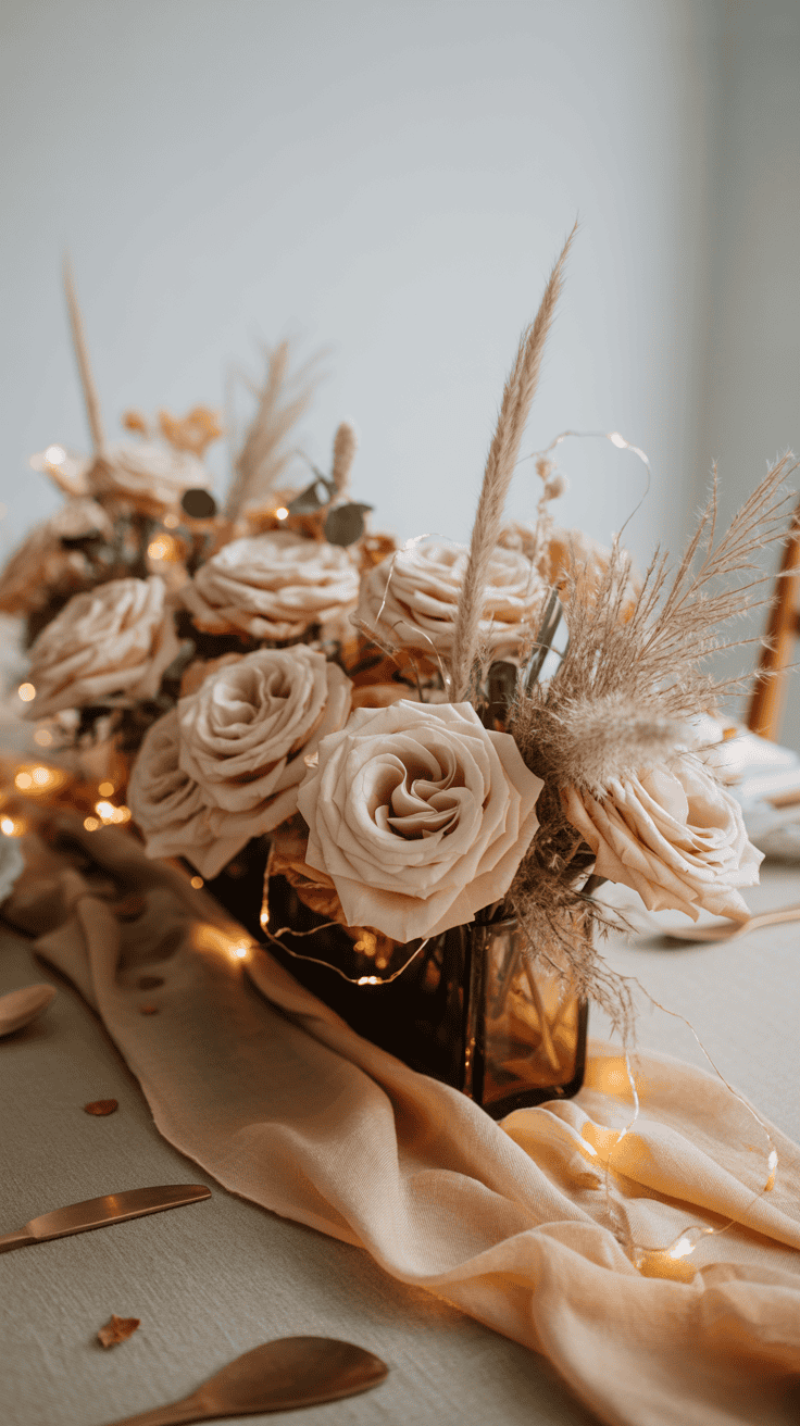 A table centerpiece featuring pale pink roses and pampas grass arranged in a rectangular glass vase, with soft lighting and a light fabric runner adding elegance to the decor.