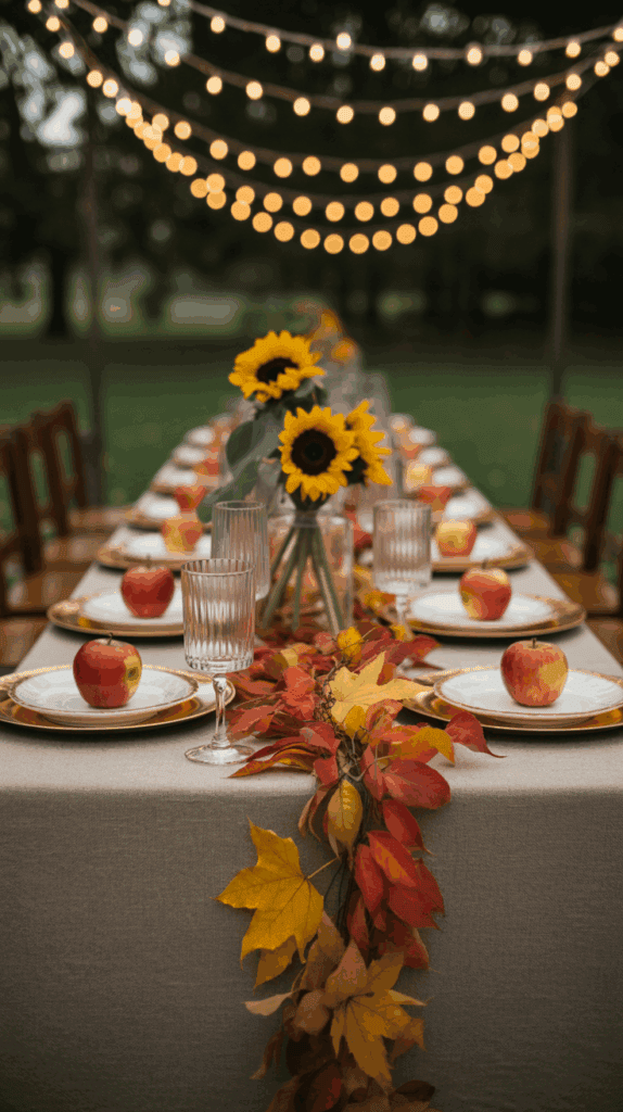 An outdoor table set for a meal, adorned with sunflowers in a vase, red apples on plates, glassware, and a garland of autumn leaves, under strings of hanging lights.