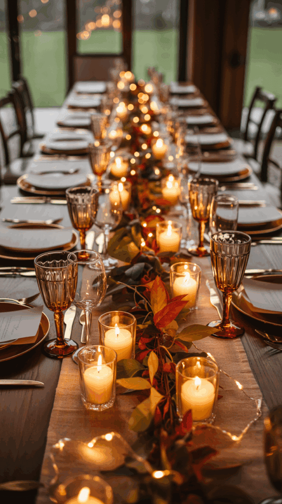 A long dining table elegantly set with plates, glasses, and utensils, featuring a centerpiece of lit candles and autumn leaves, creating a warm, cozy atmosphere.