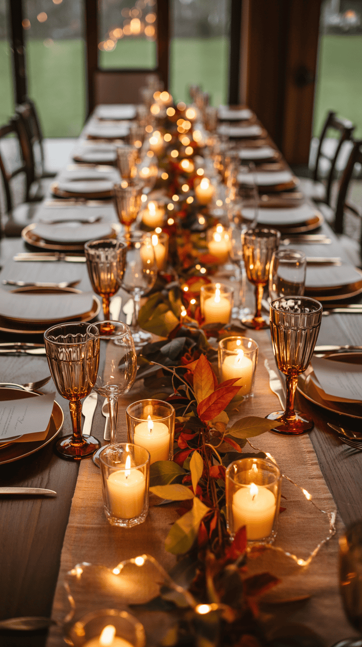 A long dining table elegantly set with plates, glasses, and utensils, featuring a centerpiece of lit candles and autumn leaves, creating a warm, cozy atmosphere.