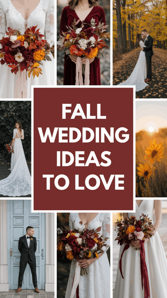 A collage featuring fall wedding ideas, including brides holding bouquets with autumn colors, a couple in a yellow-leafed forest, and a groom in a suit. The centerpiece text reads 'Fall Wedding Ideas to Love.'