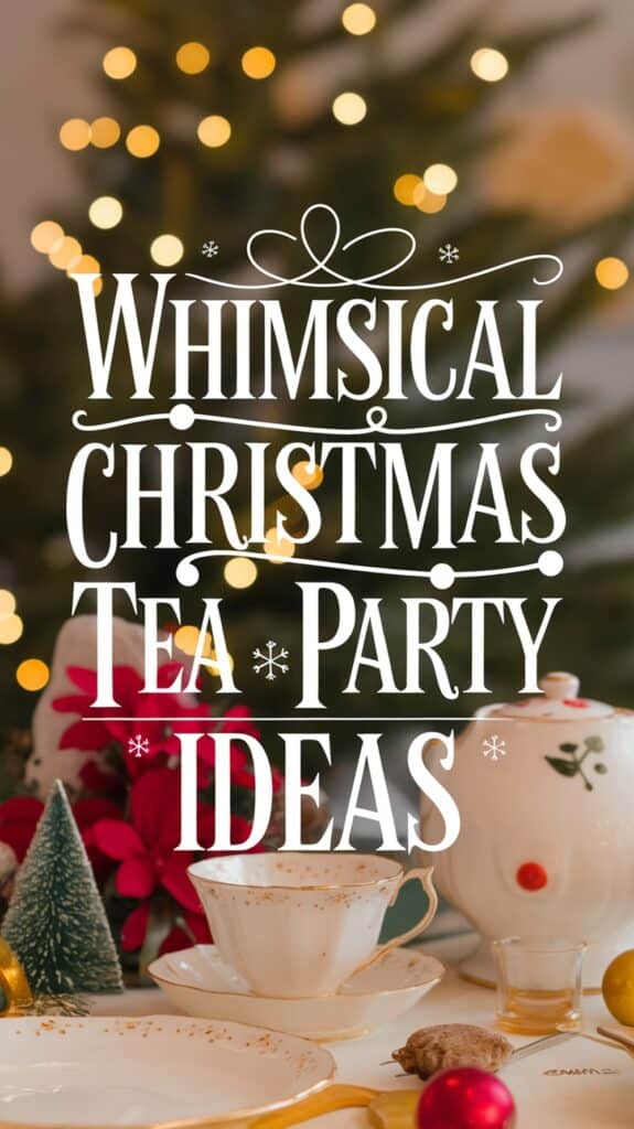 A festive Christmas setting featuring a china tea set with gold accents, a small decorative Christmas tree, and ornaments, with the text 'Whimsical Christmas Tea Party Ideas' overlaid, and blurred lights in the background.